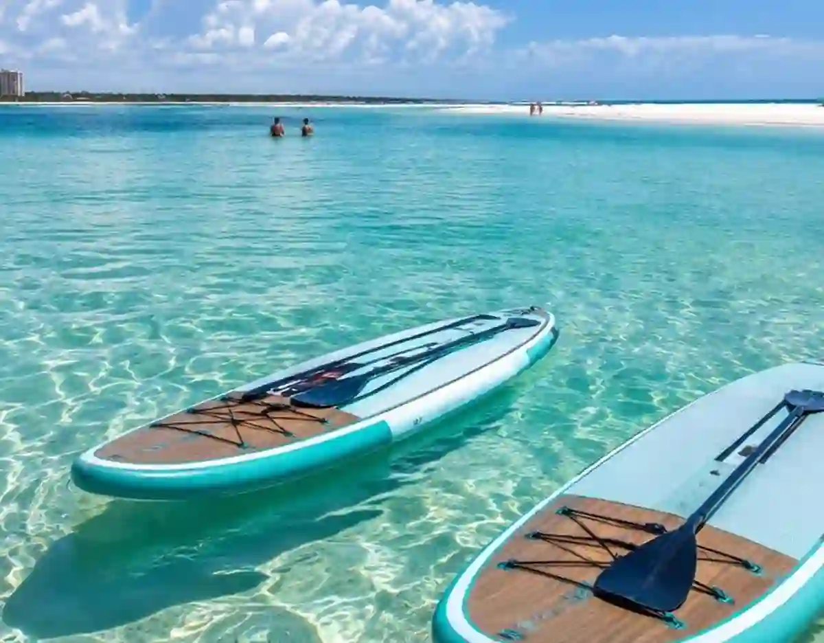 Clear emerald water at the Crab Island sandbar with BOTE paddleboard-style floats