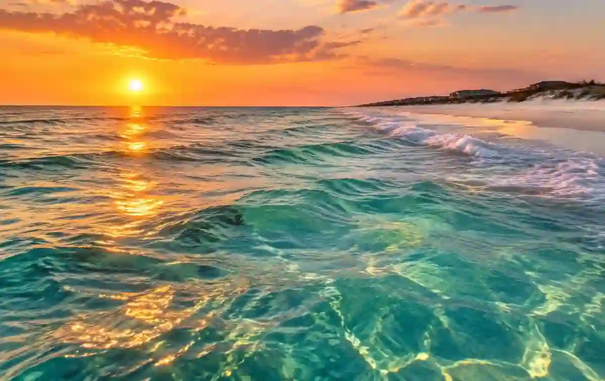Golden sunset over turquoise Gulf water along the Emerald Coast